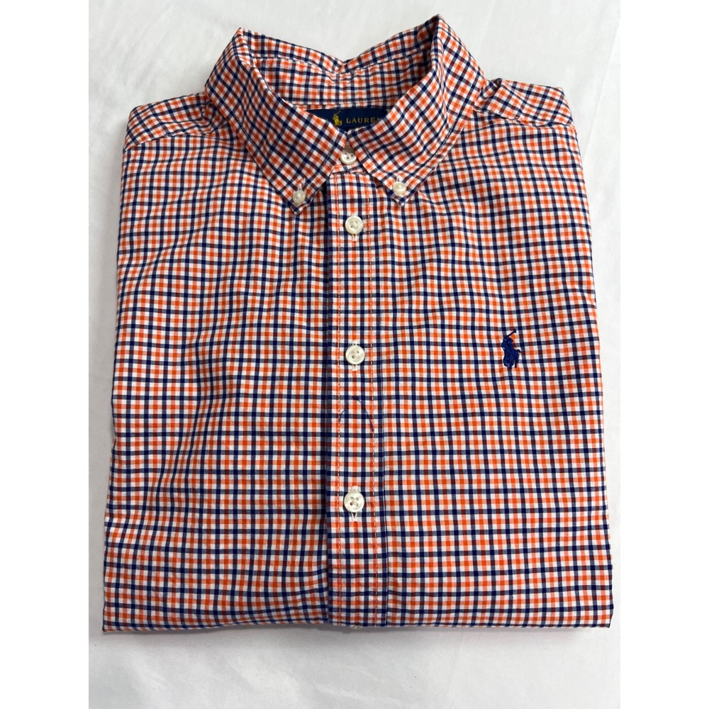 Ralph Lauren Button Down Kids Shirt Size L 14-16 Orange Blue Gingham Classic A57